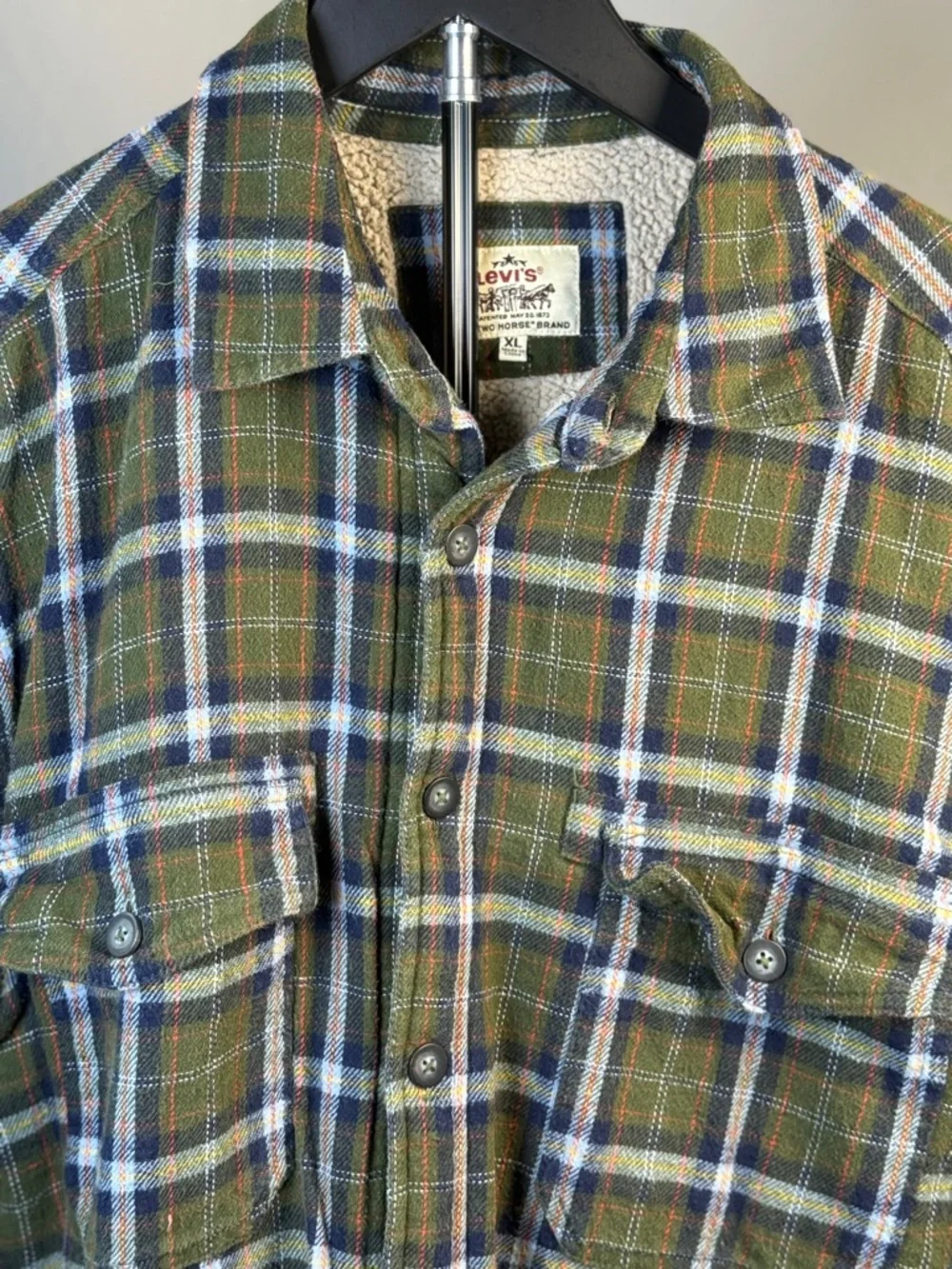 Levi’s Sherpa Lined Flannel Jacket XL Green Plaid Workwear Y2K Vintage Style - Picture 2 of 9